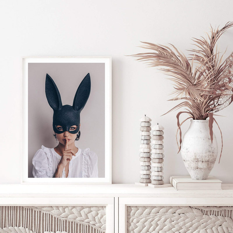 The Secret Bunny-The Paper Tree-Artwork,boho,bunny,bunny mask,eclectic,edgy,fashion,female,mask,neutral,portrait,premium art print,wall art,Wall_Art,Wall_Art_Prints,woman in bunny mask