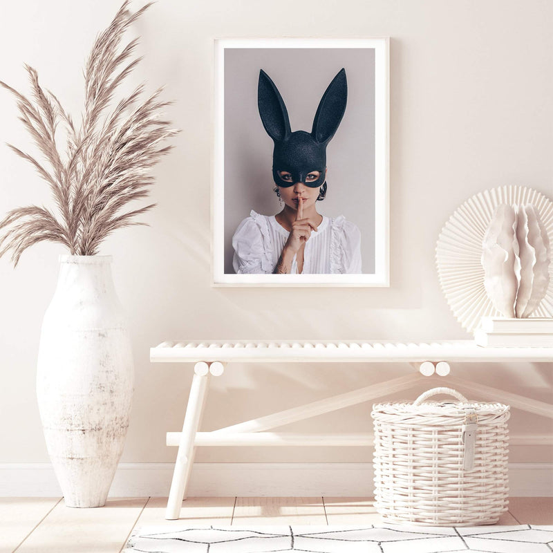 The Secret Bunny-The Paper Tree-Artwork,boho,bunny,bunny mask,eclectic,edgy,fashion,female,mask,neutral,portrait,premium art print,wall art,Wall_Art,Wall_Art_Prints,woman in bunny mask