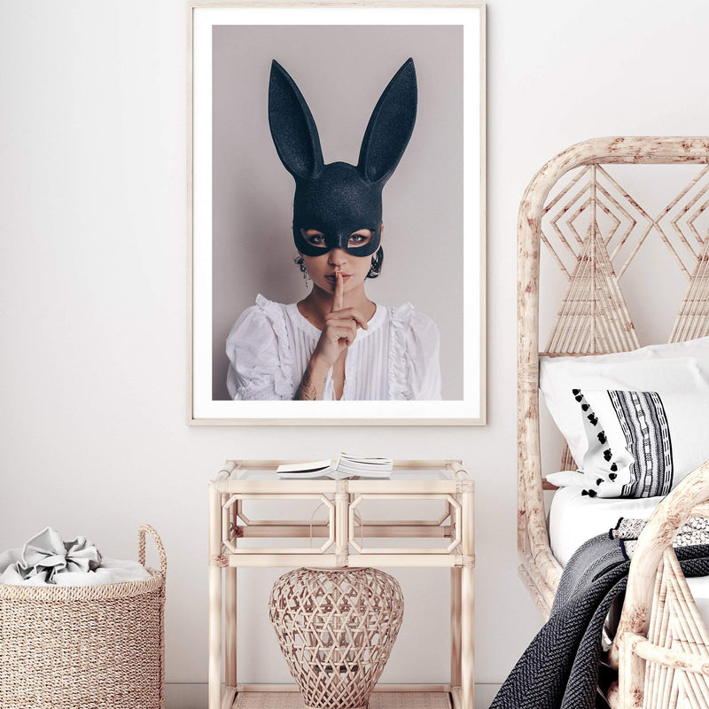 The Secret Bunny-The Paper Tree-Artwork,boho,bunny,bunny mask,eclectic,edgy,fashion,female,mask,neutral,portrait,premium art print,wall art,Wall_Art,Wall_Art_Prints,woman in bunny mask