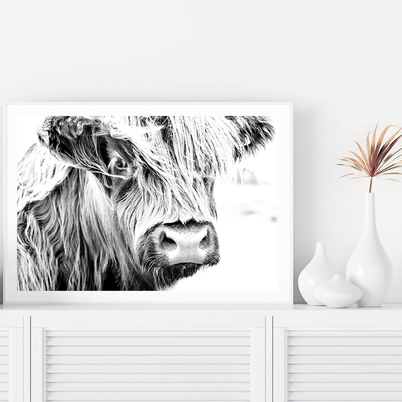 Henderson The Highland Cow II-The Paper Tree-animal,black & white,BLACK AND WHITE,bull,cattle,cow,henderson,highland bull,highland cattle,highland cow,landscape,monochrome,nature,premium art print,wall art,Wall_Art,Wall_Art_Prints