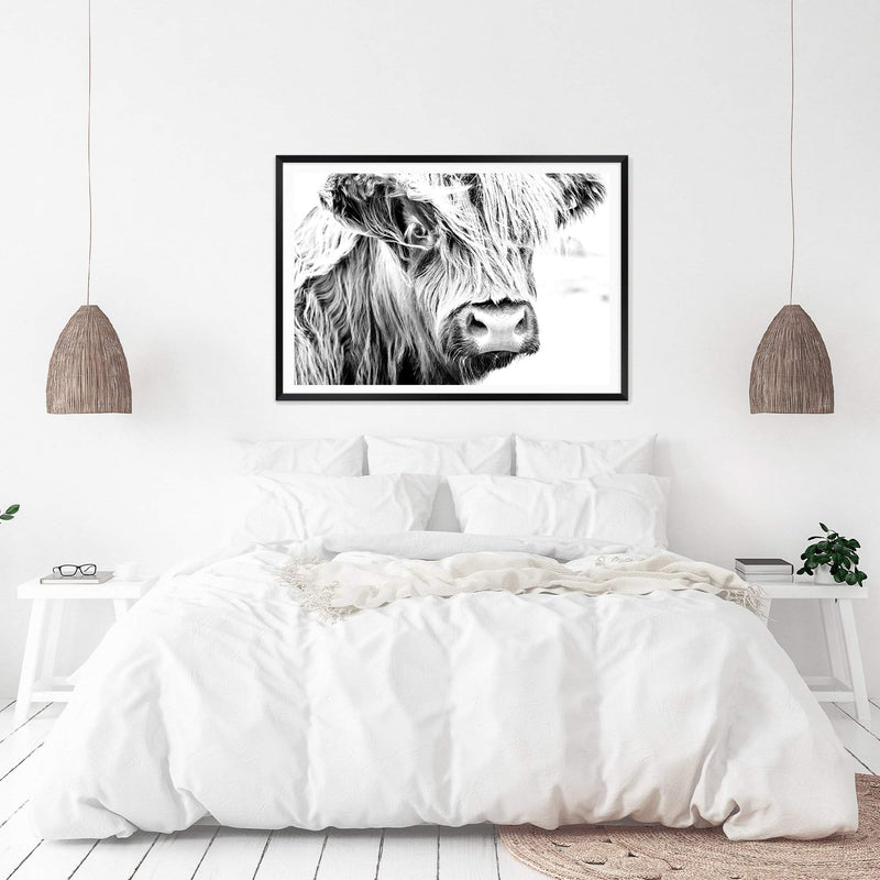 Henderson The Highland Cow II-The Paper Tree-animal,black & white,BLACK AND WHITE,bull,cattle,cow,henderson,highland bull,highland cattle,highland cow,landscape,monochrome,nature,premium art print,wall art,Wall_Art,Wall_Art_Prints