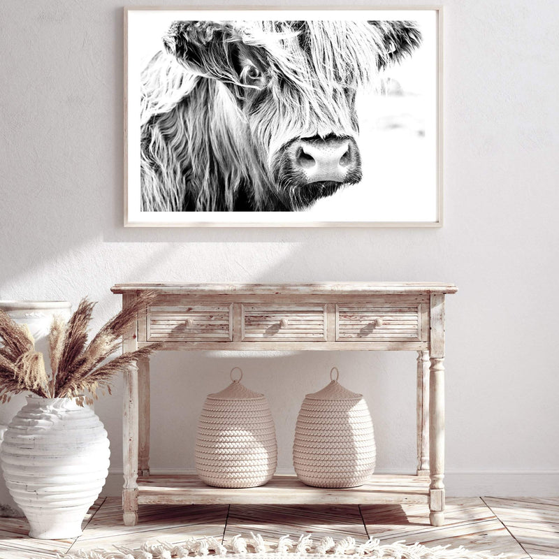 Henderson The Highland Cow II-The Paper Tree-animal,black & white,BLACK AND WHITE,bull,cattle,cow,henderson,highland bull,highland cattle,highland cow,landscape,monochrome,nature,premium art print,wall art,Wall_Art,Wall_Art_Prints