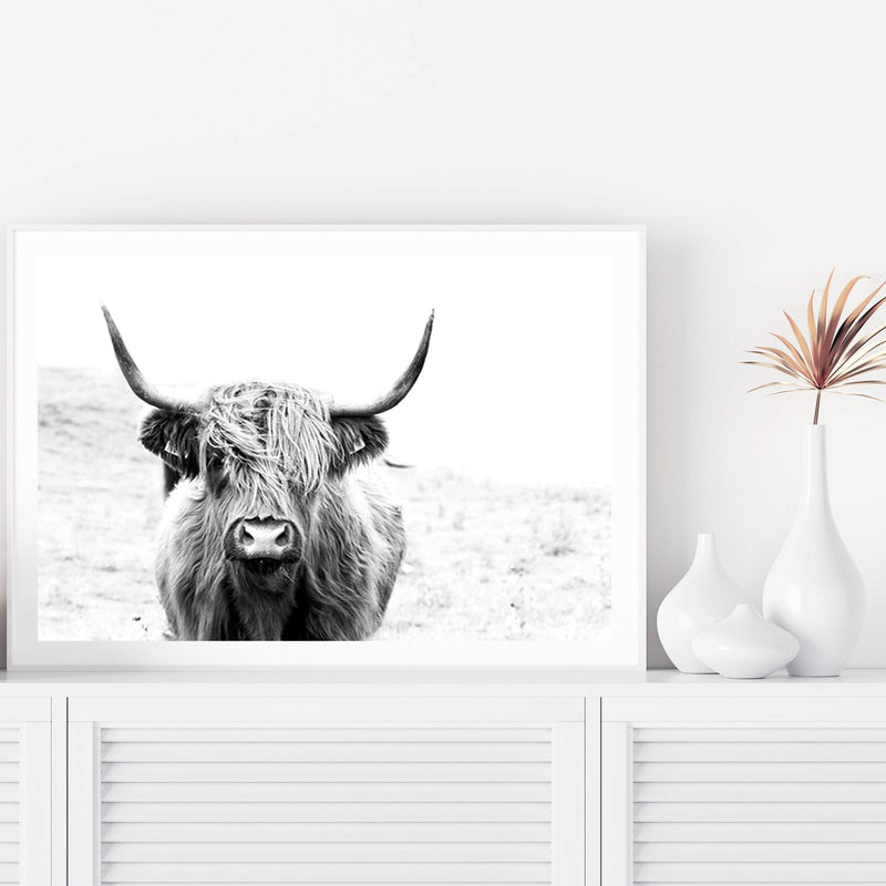 Harvey The Highland Cow II-The Paper Tree-animal,black & white,bull,cattle,cow,harvey,highland bull,highland cattle,highland cow,landscape,monochrome,nature,premium art print,wall art,Wall_Art,Wall_Art_Prints