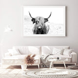 Harvey The Highland Cow II-The Paper Tree-animal,black & white,bull,cattle,cow,harvey,highland bull,highland cattle,highland cow,landscape,monochrome,nature,premium art print,wall art,Wall_Art,Wall_Art_Prints