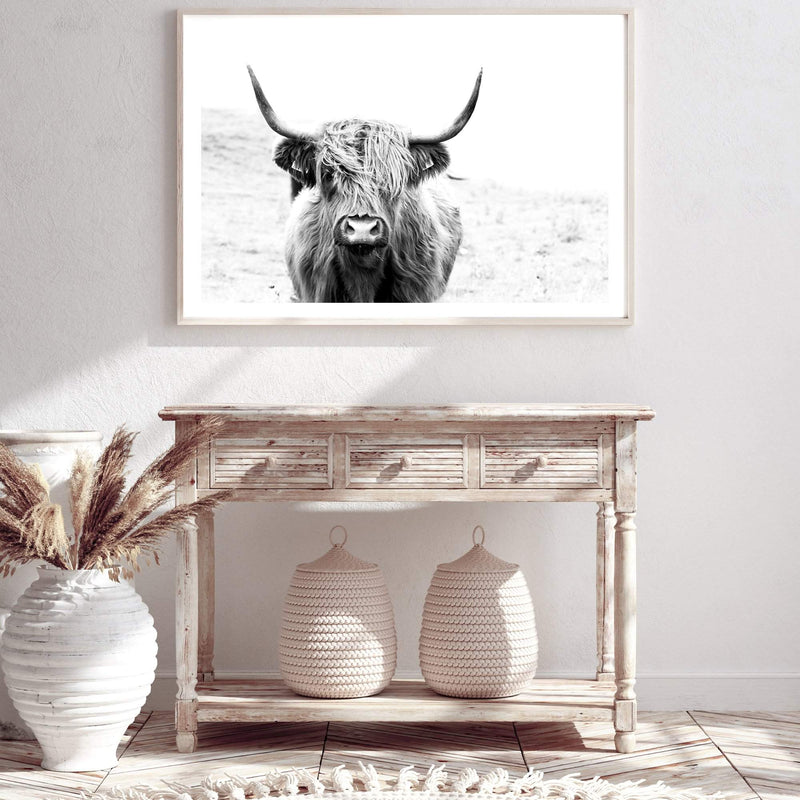 Harvey The Highland Cow II-The Paper Tree-animal,black & white,bull,cattle,cow,harvey,highland bull,highland cattle,highland cow,landscape,monochrome,nature,premium art print,wall art,Wall_Art,Wall_Art_Prints