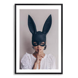 The Secret Bunny-The Paper Tree-Artwork,boho,bunny,bunny mask,eclectic,edgy,fashion,female,mask,neutral,portrait,premium art print,wall art,Wall_Art,Wall_Art_Prints,woman in bunny mask