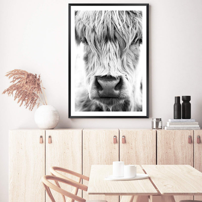 Highland Cow Portrait II-The Paper Tree-Artwork,black & white,BLACK AND WHITE,bohemian,boho,CATTLE,framed,framed print,herd,highland bull,highland cattle,highland cow,monochrome,nature,portrait,premium art print,wall art,Wall_Art,Wall_Art_Prints