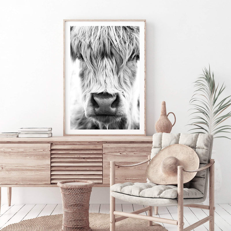 Highland Cow Portrait II-The Paper Tree-Artwork,black & white,BLACK AND WHITE,bohemian,boho,CATTLE,framed,framed print,herd,highland bull,highland cattle,highland cow,monochrome,nature,portrait,premium art print,wall art,Wall_Art,Wall_Art_Prints