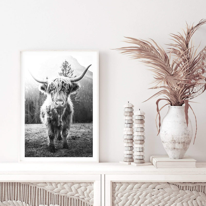 Humphry The Highland Cow II-The Paper Tree-Artwork,black & white,black and white,bohemian,boho,highland bull,highland cattle,highland cow,monochrome,nature,portrait,premium art print,wall art,Wall_Art,Wall_Art_Prints