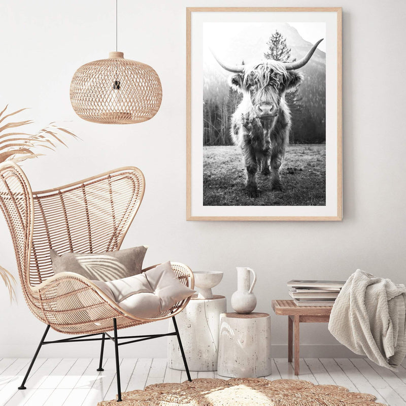 Humphry The Highland Cow II-The Paper Tree-Artwork,black & white,black and white,bohemian,boho,highland bull,highland cattle,highland cow,monochrome,nature,portrait,premium art print,wall art,Wall_Art,Wall_Art_Prints