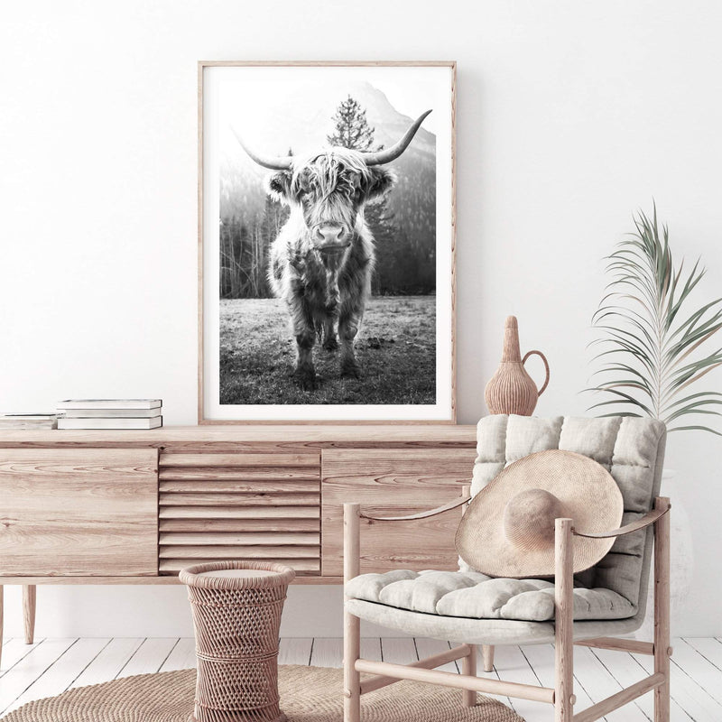 Humphry The Highland Cow II-The Paper Tree-Artwork,black & white,black and white,bohemian,boho,highland bull,highland cattle,highland cow,monochrome,nature,portrait,premium art print,wall art,Wall_Art,Wall_Art_Prints