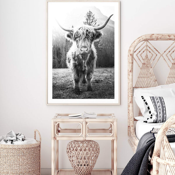 Humphry The Highland Cow II-The Paper Tree-Artwork,black & white,black and white,bohemian,boho,highland bull,highland cattle,highland cow,monochrome,nature,portrait,premium art print,wall art,Wall_Art,Wall_Art_Prints