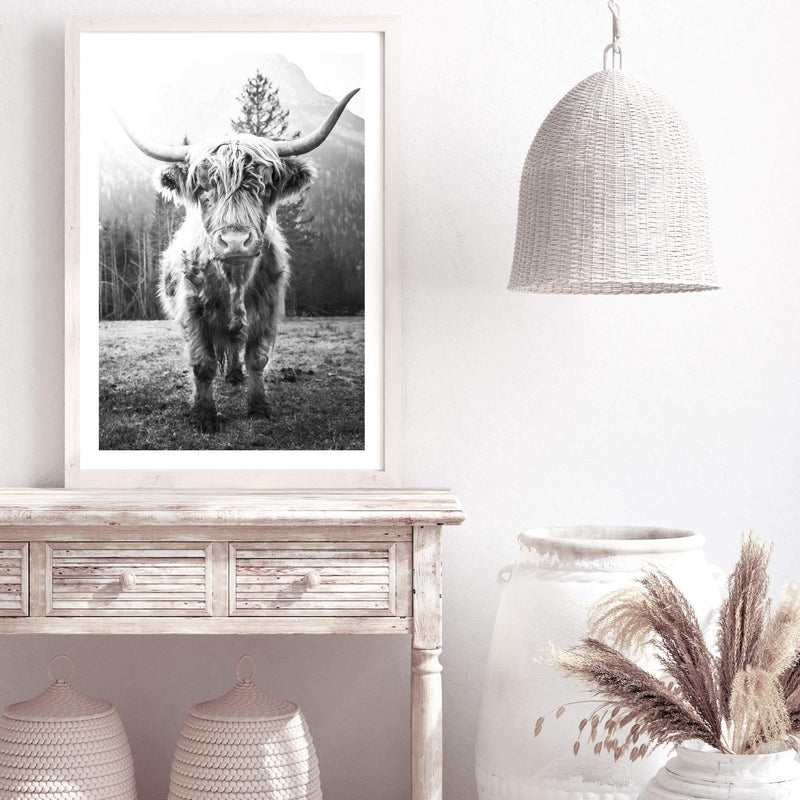 Humphry The Highland Cow II-The Paper Tree-Artwork,black & white,black and white,bohemian,boho,highland bull,highland cattle,highland cow,monochrome,nature,portrait,premium art print,wall art,Wall_Art,Wall_Art_Prints