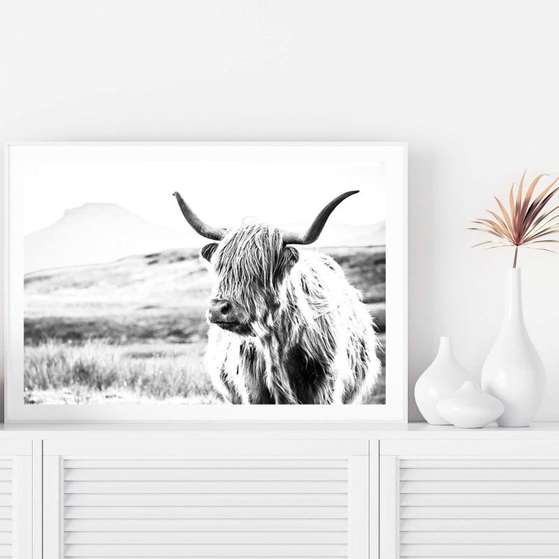 Hamish The Highland Cow II-The Paper Tree-black & white,BLACK AND WHITE,bull,cattle,cow,highland,highland bull,highland cattle,highland cow,landscape,monochrome,nature,premium art print,wall art,Wall_Art,Wall_Art_Prints