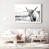 Hamish The Highland Cow II-The Paper Tree-black & white,BLACK AND WHITE,bull,cattle,cow,highland,highland bull,highland cattle,highland cow,landscape,monochrome,nature,premium art print,wall art,Wall_Art,Wall_Art_Prints