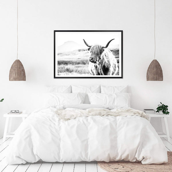 Hamish The Highland Cow II-The Paper Tree-black & white,BLACK AND WHITE,bull,cattle,cow,highland,highland bull,highland cattle,highland cow,landscape,monochrome,nature,premium art print,wall art,Wall_Art,Wall_Art_Prints