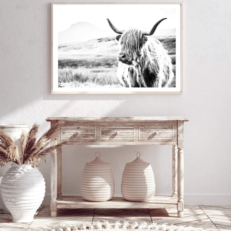 Hamish The Highland Cow II-The Paper Tree-black & white,BLACK AND WHITE,bull,cattle,cow,highland,highland bull,highland cattle,highland cow,landscape,monochrome,nature,premium art print,wall art,Wall_Art,Wall_Art_Prints