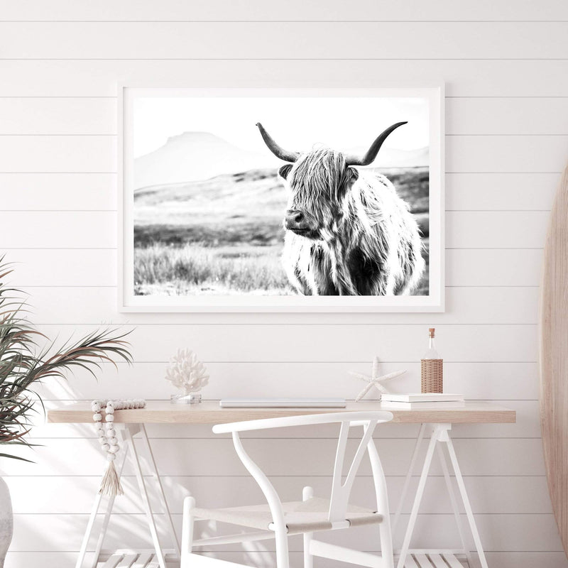 Hamish The Highland Cow II-The Paper Tree-black & white,BLACK AND WHITE,bull,cattle,cow,highland,highland bull,highland cattle,highland cow,landscape,monochrome,nature,premium art print,wall art,Wall_Art,Wall_Art_Prints