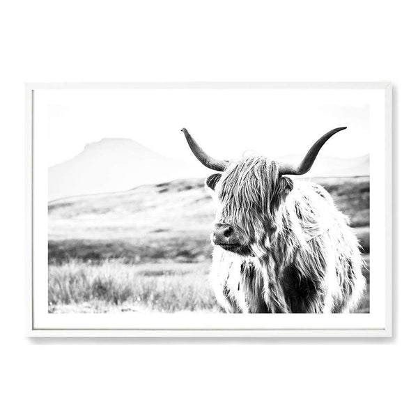 Hamish The Highland Cow II-The Paper Tree-black & white,BLACK AND WHITE,bull,cattle,cow,highland,highland bull,highland cattle,highland cow,landscape,monochrome,nature,premium art print,wall art,Wall_Art,Wall_Art_Prints