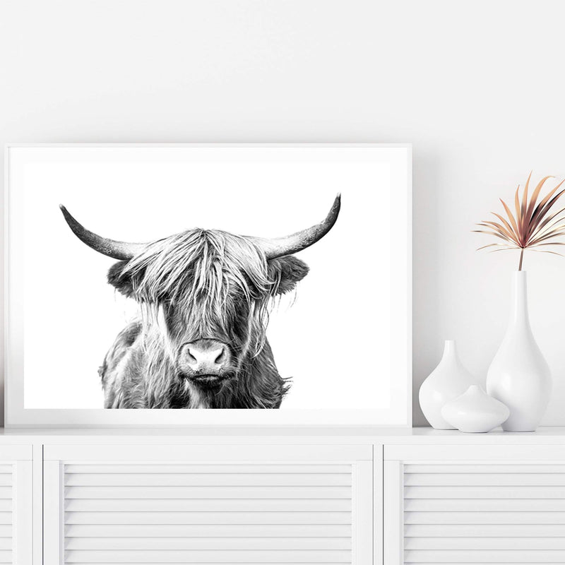 Harper The Highland Cow II-The Paper Tree-animal,black & white,bull,cattle,cow,harper,highland bull,highland cattle,highland cow,landscape,monochrome,nature,premium art print,wall art,Wall_Art,Wall_Art_Prints