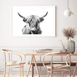 Harper The Highland Cow II-The Paper Tree-animal,black & white,bull,cattle,cow,harper,highland bull,highland cattle,highland cow,landscape,monochrome,nature,premium art print,wall art,Wall_Art,Wall_Art_Prints