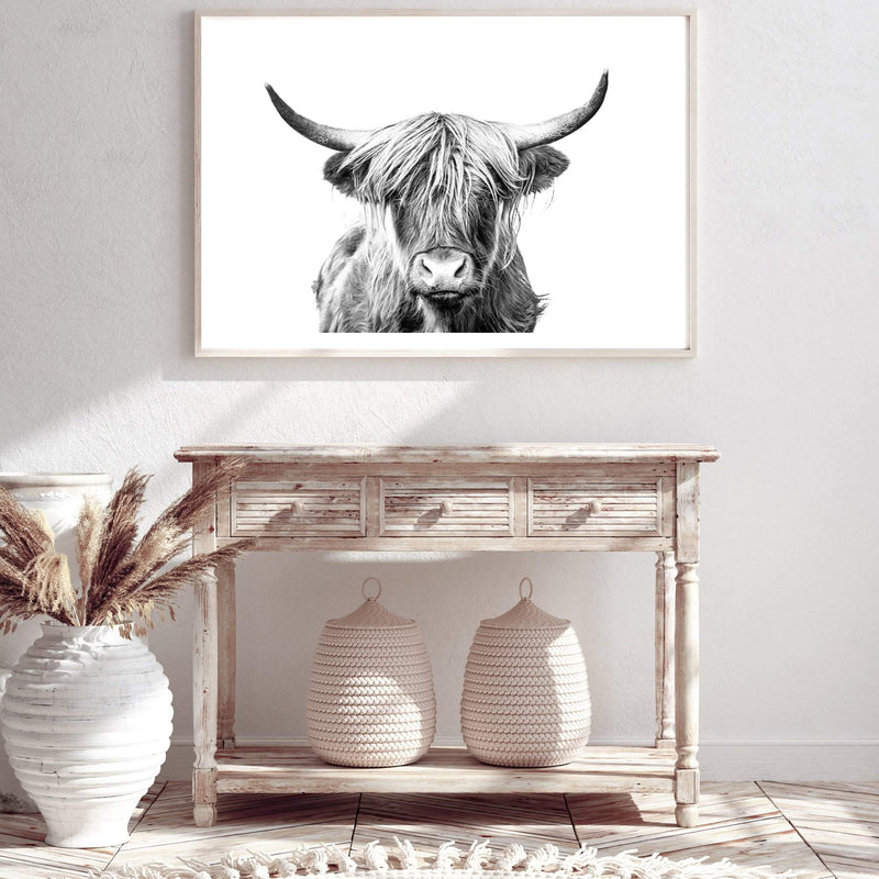 Harper The Highland Cow II-The Paper Tree-animal,black & white,bull,cattle,cow,harper,highland bull,highland cattle,highland cow,landscape,monochrome,nature,premium art print,wall art,Wall_Art,Wall_Art_Prints