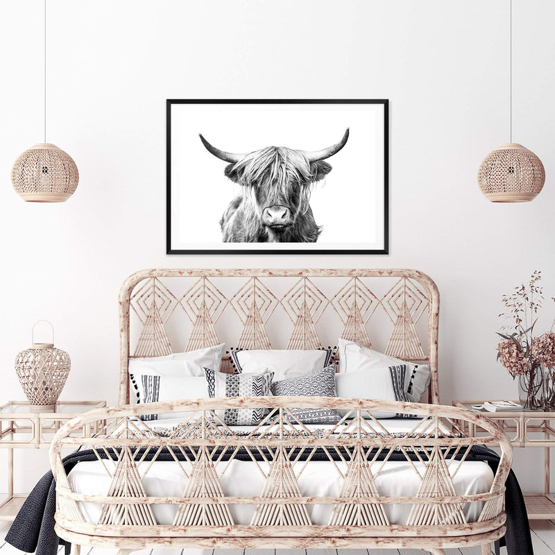 Harper The Highland Cow II-The Paper Tree-animal,black & white,bull,cattle,cow,harper,highland bull,highland cattle,highland cow,landscape,monochrome,nature,premium art print,wall art,Wall_Art,Wall_Art_Prints