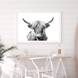 Harper The Highland Cow II-The Paper Tree-animal,black & white,bull,cattle,cow,harper,highland bull,highland cattle,highland cow,landscape,monochrome,nature,premium art print,wall art,Wall_Art,Wall_Art_Prints