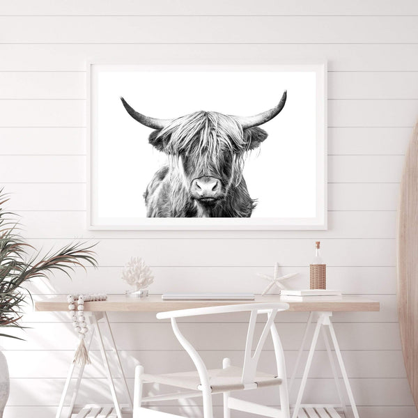 Harper The Highland Cow II-The Paper Tree-animal,black & white,bull,cattle,cow,harper,highland bull,highland cattle,highland cow,landscape,monochrome,nature,premium art print,wall art,Wall_Art,Wall_Art_Prints