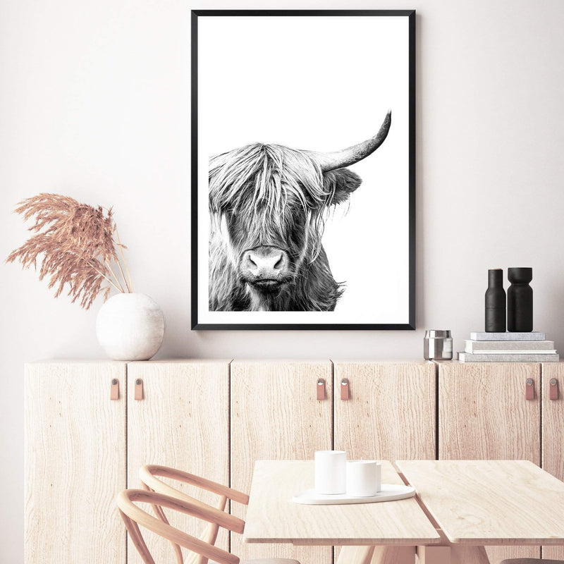 Harper The Highland Cow Portrait-The Paper Tree-animal,black & white,bull,cattle,cow,harper,highland bull,highland cattle,highland cow,monochrome,nature,portrait,premium art print,wall art,Wall_Art,Wall_Art_Prints