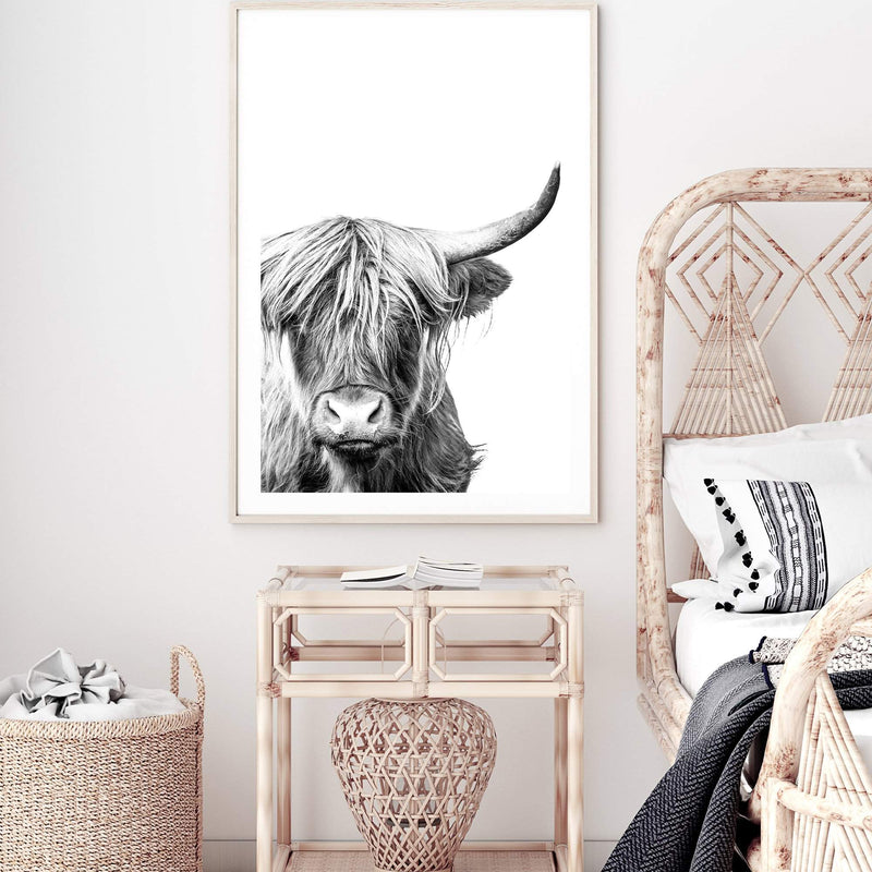 Harper The Highland Cow Portrait-The Paper Tree-animal,black & white,bull,cattle,cow,harper,highland bull,highland cattle,highland cow,monochrome,nature,portrait,premium art print,wall art,Wall_Art,Wall_Art_Prints