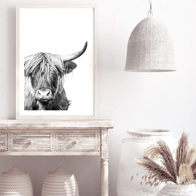 Harper The Highland Cow Portrait-The Paper Tree-animal,black & white,bull,cattle,cow,harper,highland bull,highland cattle,highland cow,monochrome,nature,portrait,premium art print,wall art,Wall_Art,Wall_Art_Prints