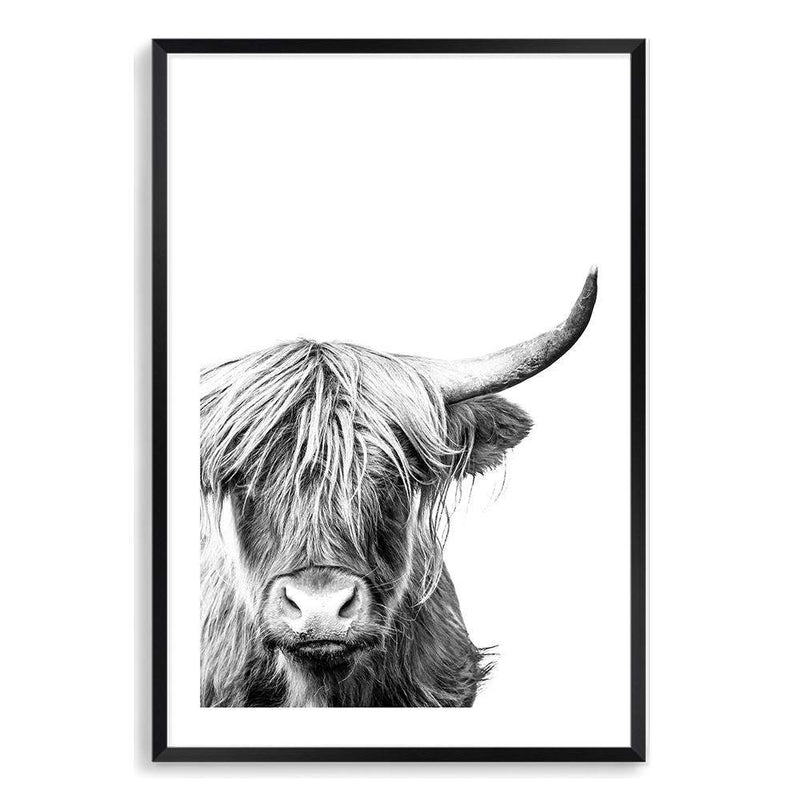 Harper The Highland Cow Portrait-The Paper Tree-animal,black & white,bull,cattle,cow,harper,highland bull,highland cattle,highland cow,monochrome,nature,portrait,premium art print,wall art,Wall_Art,Wall_Art_Prints