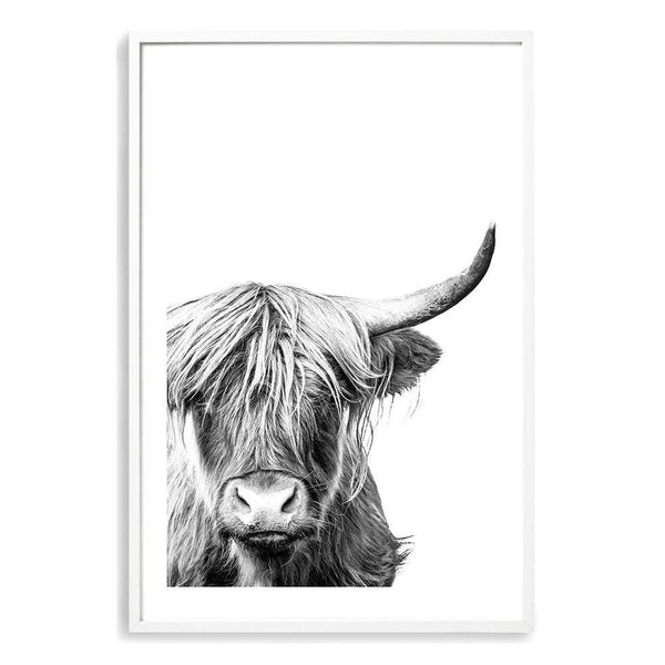 Harper The Highland Cow Portrait-The Paper Tree-animal,black & white,bull,cattle,cow,harper,highland bull,highland cattle,highland cow,monochrome,nature,portrait,premium art print,wall art,Wall_Art,Wall_Art_Prints