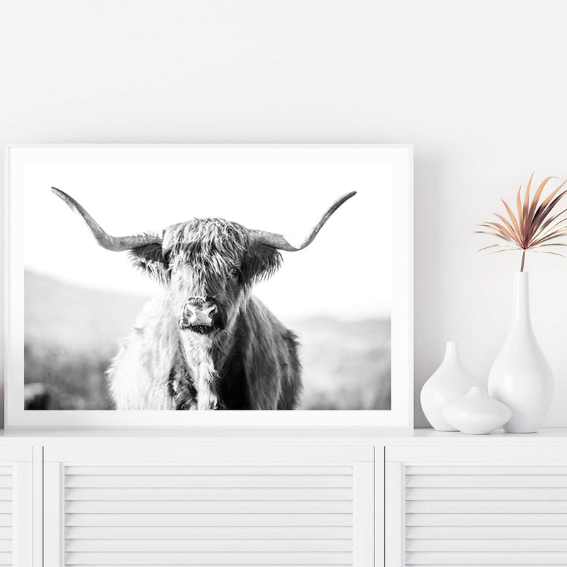 Harrison The Highland Cow II-The Paper Tree-animal,black & white,BLACK AND WHITE,bull,cattle,cow,harrison,highland bull,highland cattle,highland cow,landscape,monochrome,nature,orange,premium art print,wall art,Wall_Art,Wall_Art_Prints