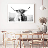 Harrison The Highland Cow II-The Paper Tree-animal,black & white,BLACK AND WHITE,bull,cattle,cow,harrison,highland bull,highland cattle,highland cow,landscape,monochrome,nature,orange,premium art print,wall art,Wall_Art,Wall_Art_Prints