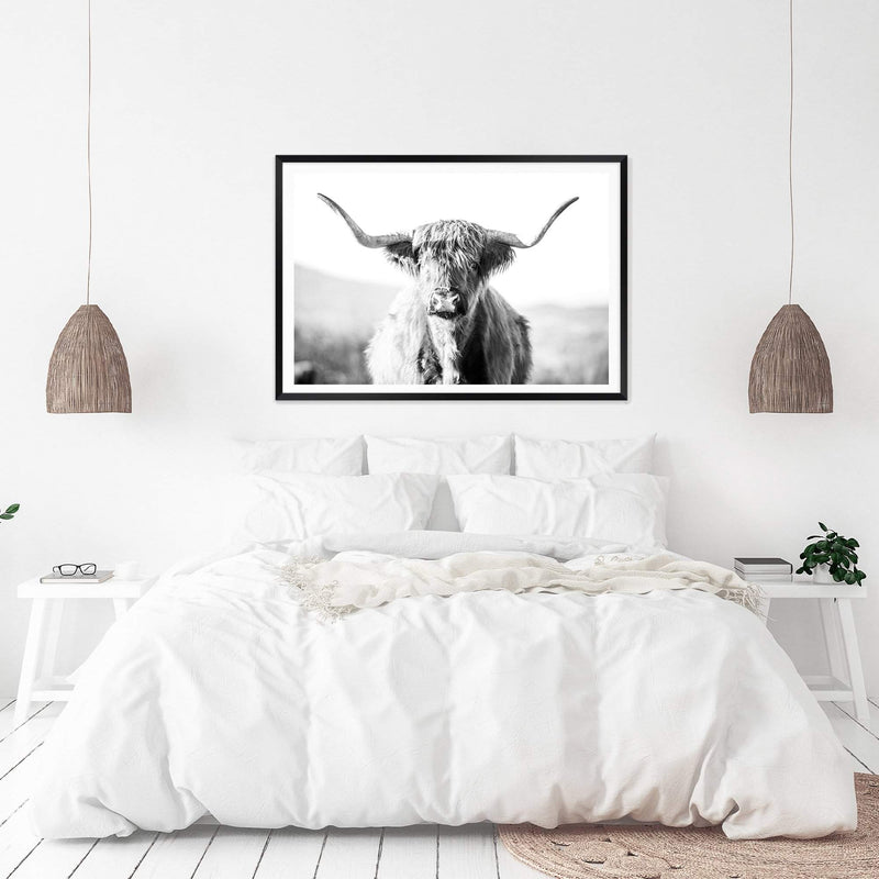 Harrison The Highland Cow II-The Paper Tree-animal,black & white,BLACK AND WHITE,bull,cattle,cow,harrison,highland bull,highland cattle,highland cow,landscape,monochrome,nature,orange,premium art print,wall art,Wall_Art,Wall_Art_Prints