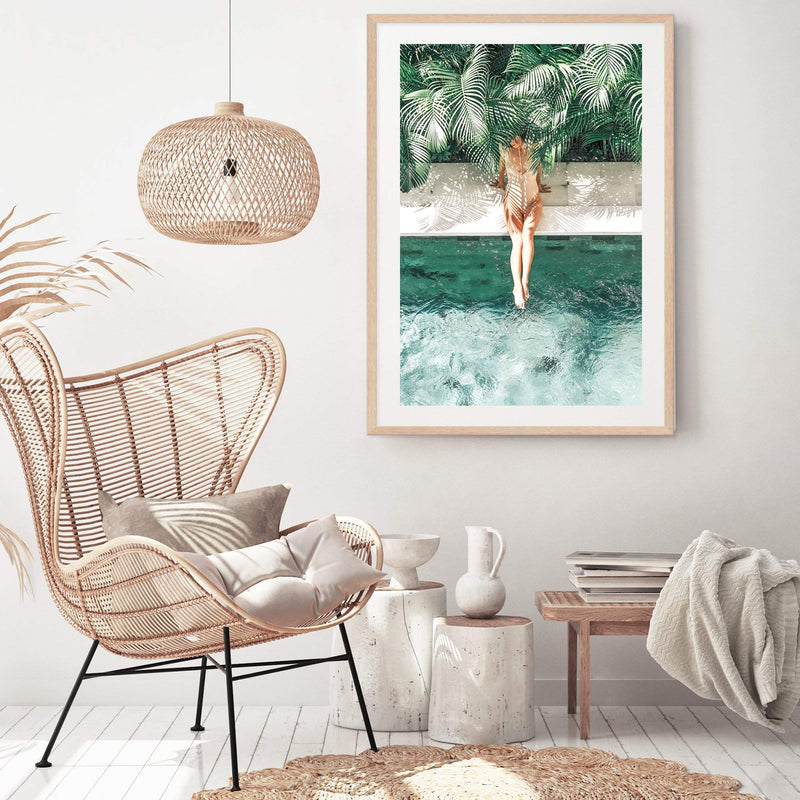 Tropical Summer-The Paper Tree-Art_Prints,Artwork,BEACH,beach entrance,beach scene,boho,coastal,COASTAL ART,Designer,green,hamptons,hut,island,PALM TREE,palm trees,paradise,pool,pool side,portrait,premium art print,teal,tropical,wall art,Wall_Art,Wall_Art_Prints,woman