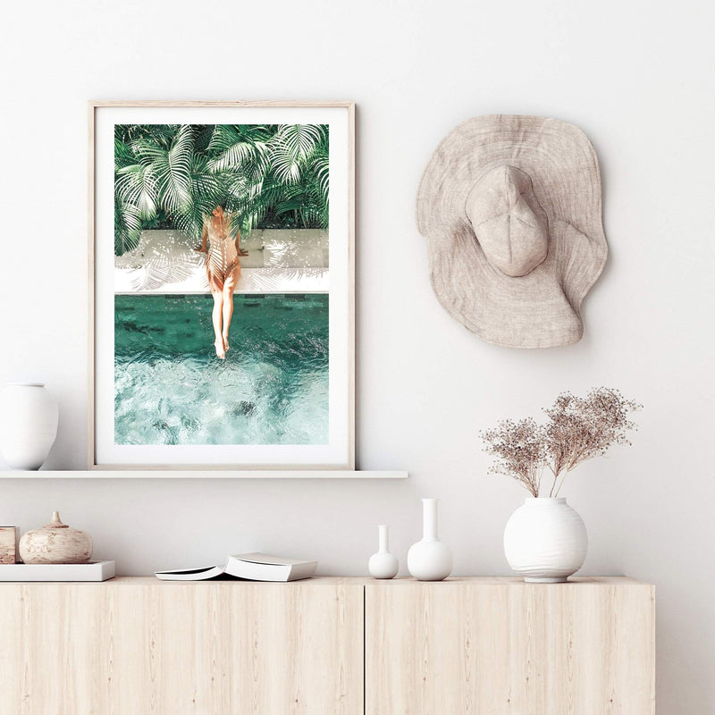 Tropical Summer-The Paper Tree-Art_Prints,Artwork,BEACH,beach entrance,beach scene,boho,coastal,COASTAL ART,Designer,green,hamptons,hut,island,PALM TREE,palm trees,paradise,pool,pool side,portrait,premium art print,teal,tropical,wall art,Wall_Art,Wall_Art_Prints,woman