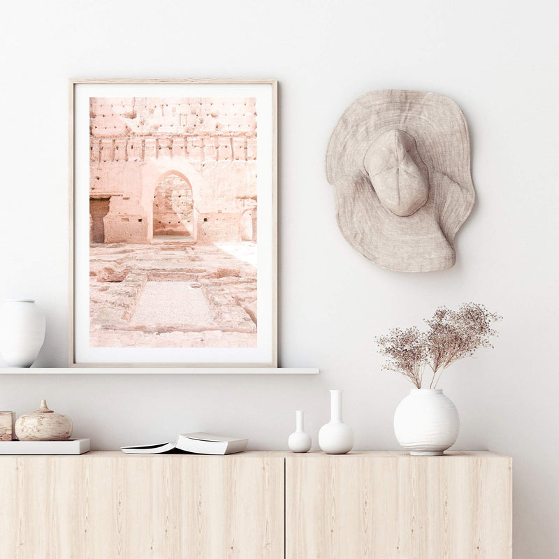 Moroccan Arch Door-The Paper Tree-arch,arches,architecture,boho,moroccan,morocco,orange,pastel,pastel pink,peach,pink,pots,premium art print,tan,temple,wall art,Wall_Art,Wall_Art_Prints