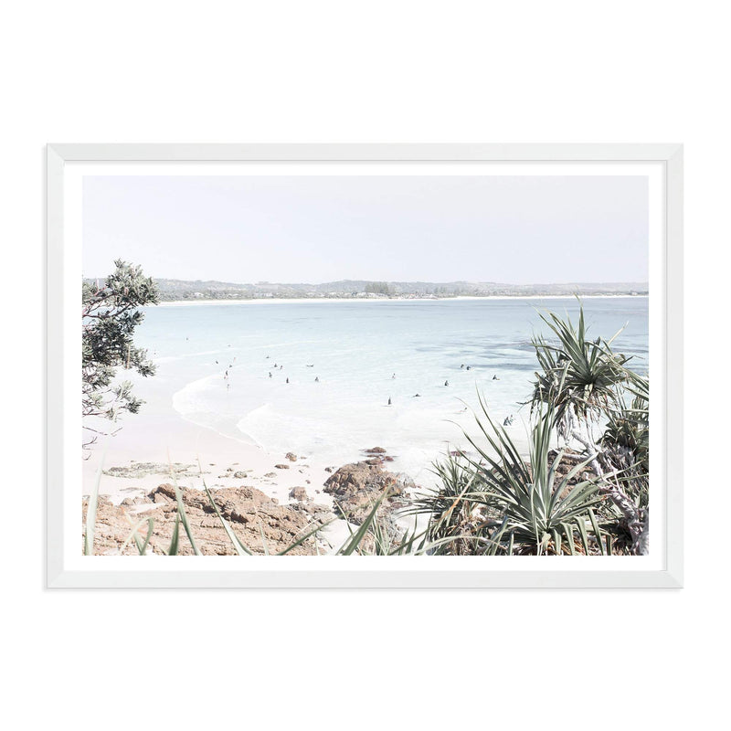 Australian Surf Beach II-The Paper Tree-Art_Prints,Artwork,australia,australian,australian art,australian landscape,BEACH,beach scene,blue,boho,byron bay,coastal,COASTAL ART,Designer,green,hamptons,landscape,muted tone,pandanus,pandanus tree,premium art print,surfers,teal,travel,wall art,Wall_Art,Wall_Art_Prints,wategos,wategos beach