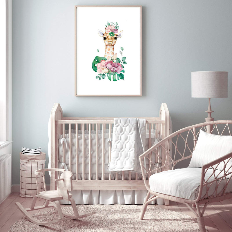 Baby Giraffe III-The Paper Tree-africa,AFRICAN ANIMAL,African animals,animal,Artwork,BABY GIRAFFE,giraffe,green,nursery,orange,pink,portrait,premium art print,wall art,Wall_Art,Wall_Art_Prints,watercolour,watercolour giraffe