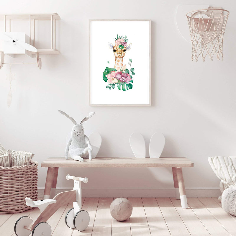 Baby Giraffe III-The Paper Tree-africa,AFRICAN ANIMAL,African animals,animal,Artwork,BABY GIRAFFE,giraffe,green,nursery,orange,pink,portrait,premium art print,wall art,Wall_Art,Wall_Art_Prints,watercolour,watercolour giraffe