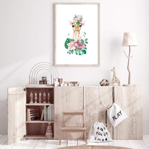 Baby Giraffe III-The Paper Tree-africa,AFRICAN ANIMAL,African animals,animal,Artwork,BABY GIRAFFE,giraffe,green,nursery,orange,pink,portrait,premium art print,wall art,Wall_Art,Wall_Art_Prints,watercolour,watercolour giraffe