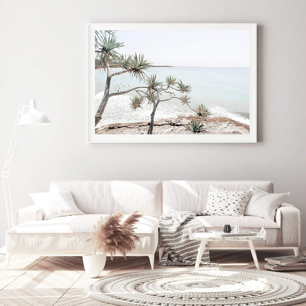 Australian Surf Beach-The Paper Tree-Art_Prints,Artwork,australia,australian,australian art,australian landscape,BEACH,beach scene,blue,boho,byron bay,coastal,COASTAL ART,Designer,green,hamptons,landscape,muted tone,pandanus,pandanus tree,premium art print,surfers,teal,travel,wall art,Wall_Art,Wall_Art_Prints,wategos,wategos beach