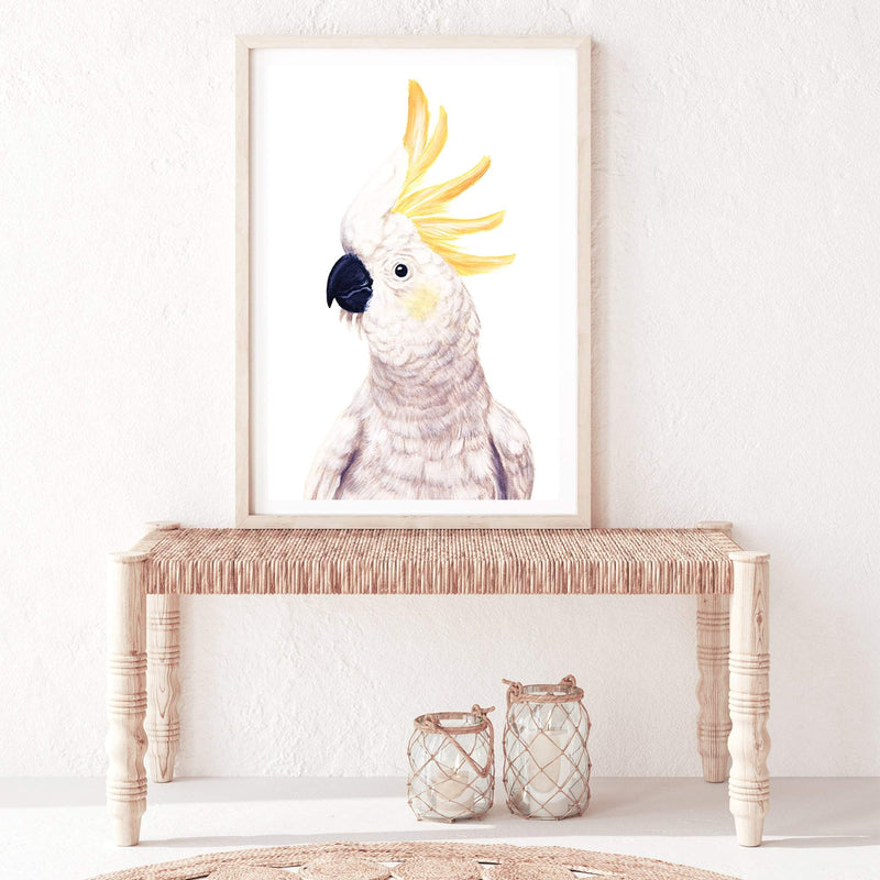 Cassidy The Cockatoo-The Paper Tree-animal,australia,australian,australiana,beach,bird,boho,cockatoo,feathers,neutral,painted,painted print,parrot,portrait,premium art print,wall art,Wall_Art,Wall_Art_Prints,white,yellow