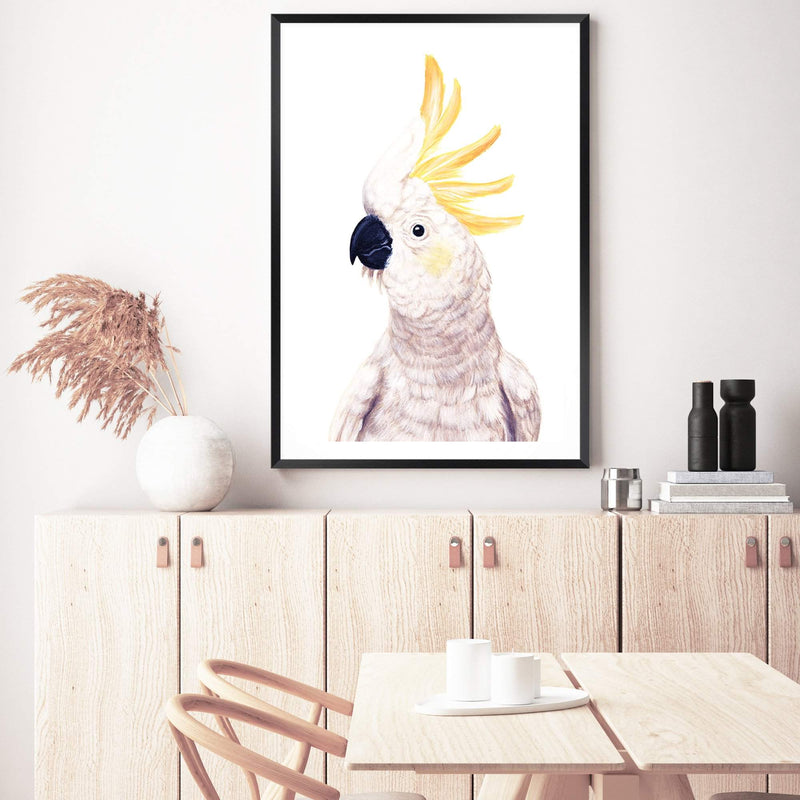 Cassidy The Cockatoo-The Paper Tree-animal,australia,australian,australiana,beach,bird,boho,cockatoo,feathers,neutral,painted,painted print,parrot,portrait,premium art print,wall art,Wall_Art,Wall_Art_Prints,white,yellow