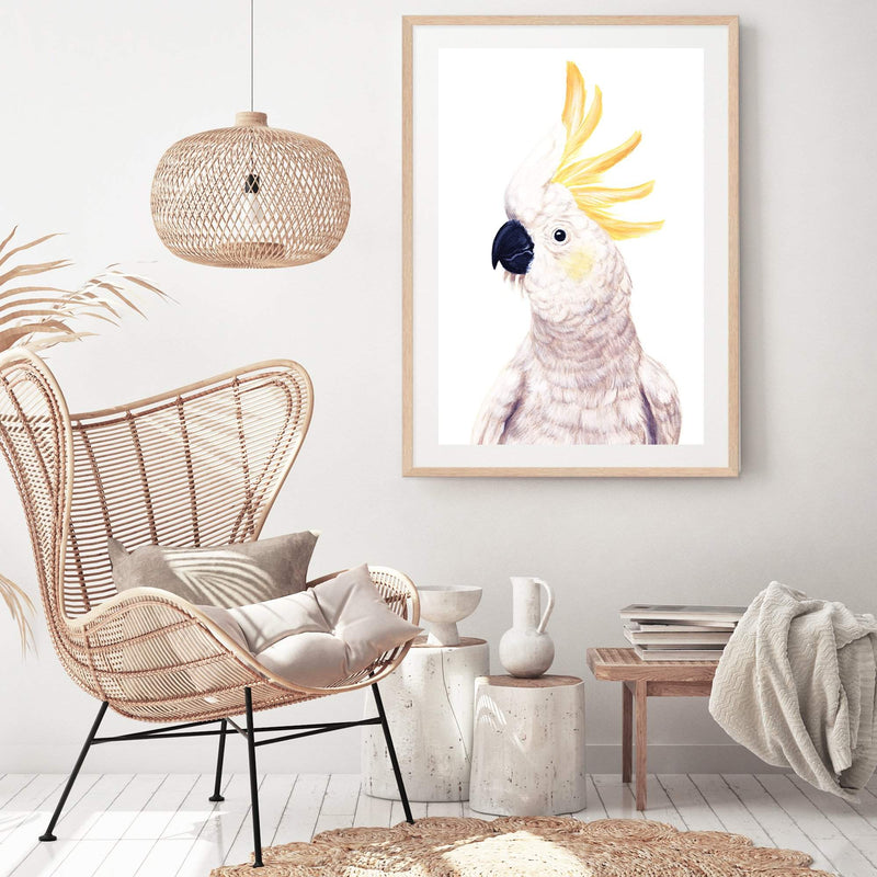 Cassidy The Cockatoo-The Paper Tree-animal,australia,australian,australiana,beach,bird,boho,cockatoo,feathers,neutral,painted,painted print,parrot,portrait,premium art print,wall art,Wall_Art,Wall_Art_Prints,white,yellow