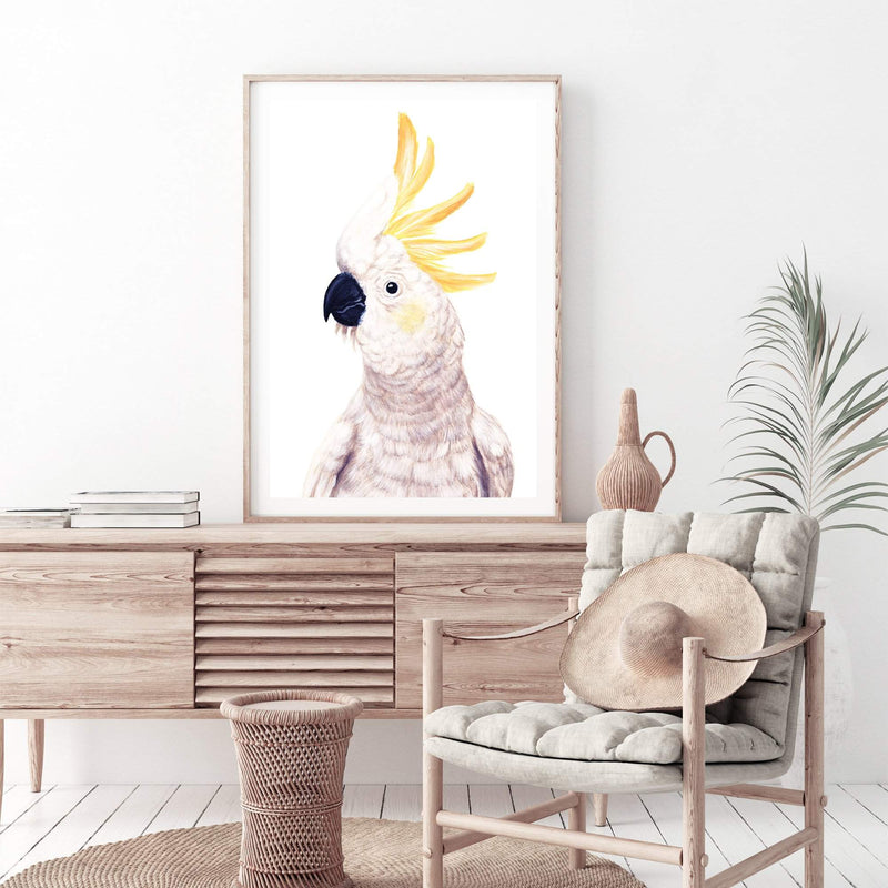 Cassidy The Cockatoo-The Paper Tree-animal,australia,australian,australiana,beach,bird,boho,cockatoo,feathers,neutral,painted,painted print,parrot,portrait,premium art print,wall art,Wall_Art,Wall_Art_Prints,white,yellow