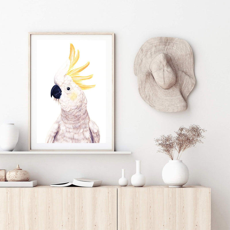 Cassidy The Cockatoo-The Paper Tree-animal,australia,australian,australiana,beach,bird,boho,cockatoo,feathers,neutral,painted,painted print,parrot,portrait,premium art print,wall art,Wall_Art,Wall_Art_Prints,white,yellow